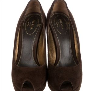 Prada peep toe brown suede platform heels
